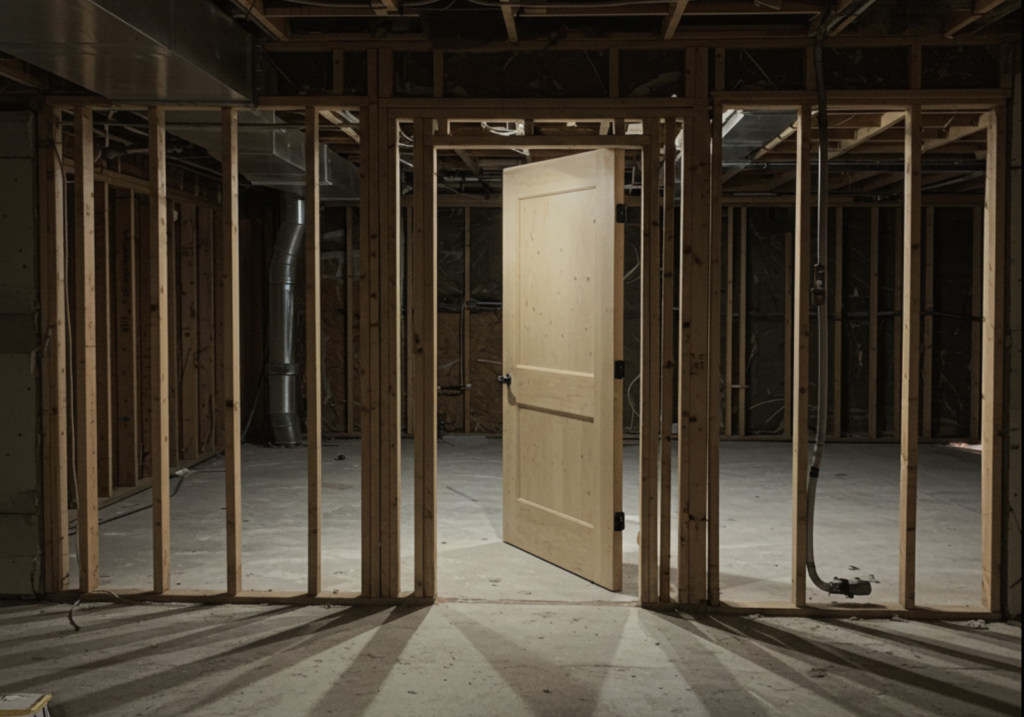 Framed door in an unfinished basement